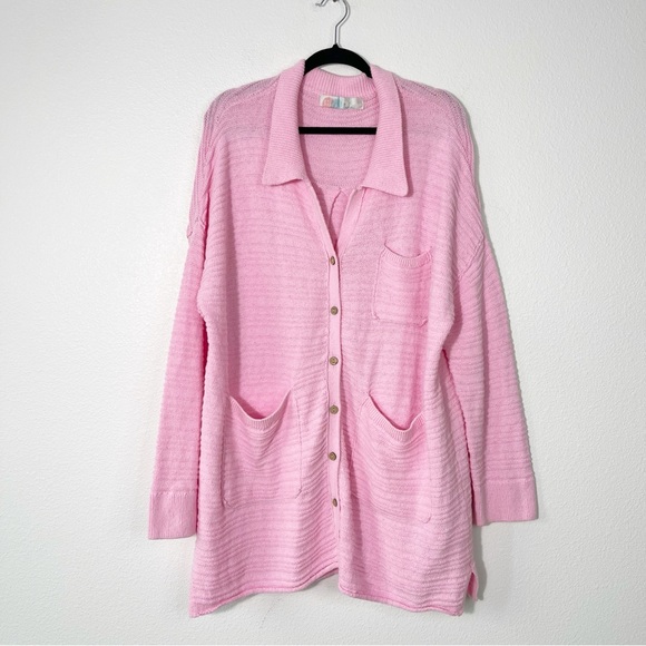 Free People FP Beach Day Dreaming Button-Up Cardigan Pink Oversized Boho Medium - Picture 2 of 7